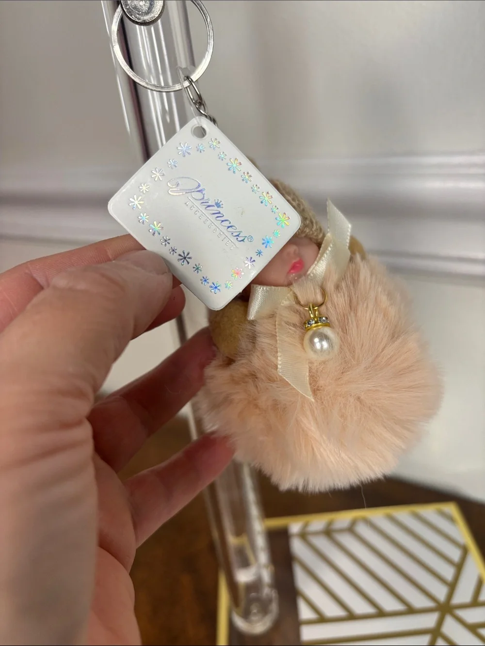 Sleeping Baby Plush Pom-Pom Keychain/Bag Charm Soft Blush Pink